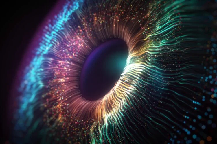 A digital multi-coloured human eye formed by fibre optic lines.