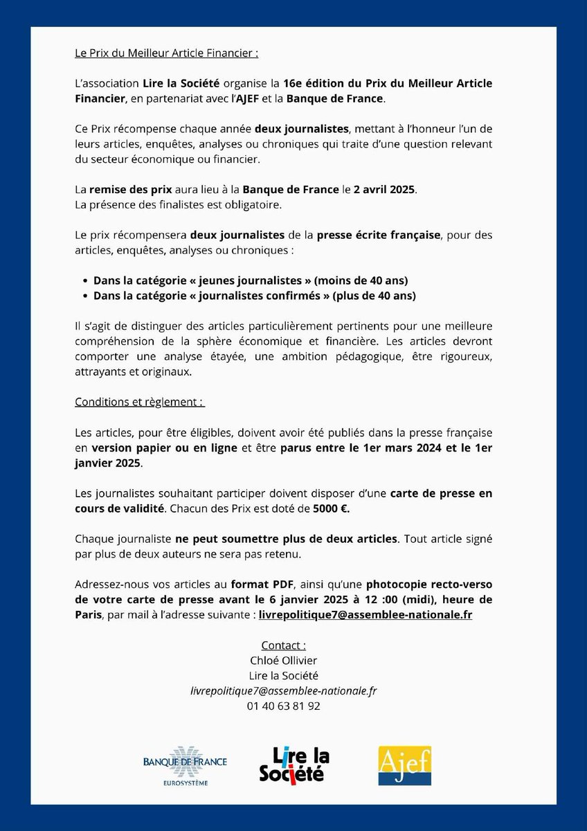 Lire la Société (@lirelasociete) on Twitter photo 🚨Appel à candidatures pour le Prix du Meilleur Article Financier 2025 🚨<a href="/AJEF/">L'AJEF</a> <a href="/banquedefrance/">Banque de France</a>
📅Envoyez-nous vos articles en PDF + photocopie de votre carte de presse avant le 6 janvier 2025 à midi, par mail à : livrepolitique7@assemblee-nationale.fr
Plus d’infos ⤵️ 🚨Appel à candidatures pour le Prix du Meilleur Article Financier 2025 🚨<a href="/AJEF/">L'AJEF</a> <a href="/banquedefrance/">Banque de France</a>
📅Envoyez-nous vos articles en PDF + photocopie de votre carte de presse avant le 6 janvier 2025 à midi, par mail à : livrepolitique7@assemblee-nationale.fr
Plus d’infos ⤵️
