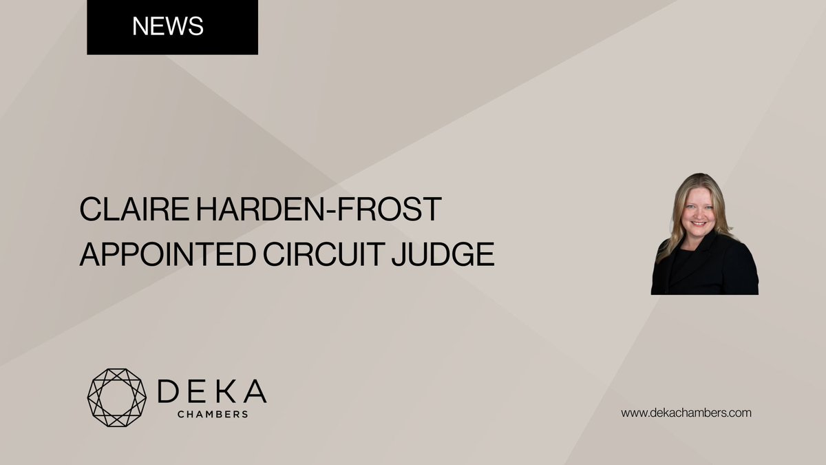 DekaChambers's tweet photo. The King has appointed Claire Harden-Frost (@harden_claire) to be a Circuit Judge on the advice of the Lord Chancellor, the Right Honourable Shabana Mahmood MP, and the Lady Chief Justice of England and Wales, the Right Honourable the Baroness Carr of Walton-on-the-Hill.

The Lady Chief Justice has deployed her to the South Eastern Circuit, based at Guildford Crown, with effect from 6 January 2025.

Claire will be known as Her Honour Judge Harden-Frost. She was called to the Bar (Middle Temple) in 2000 and was appointed a Recorder in 2022.

Everyone at Deka congratulates Claire on her appointment.