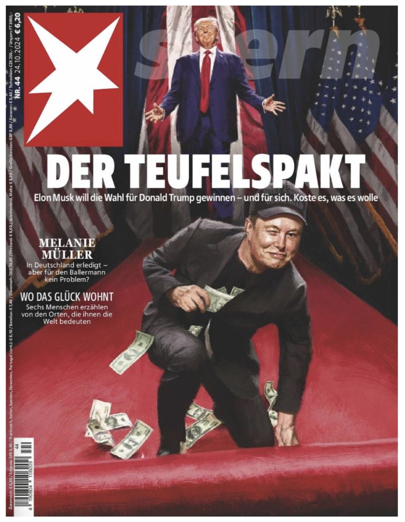 JoanaCotar's tweet photo. "The devil's pact"
The German press really leaves nothing out to demonize @elonmusk and @realDonaldTrump.
Erst der Spiegel, jetzt der Stern. Das muss dieses Hass und Hetze Ding sein, von dem alle reden, oder? ODER? https://t.co/R8EwW9O9xY