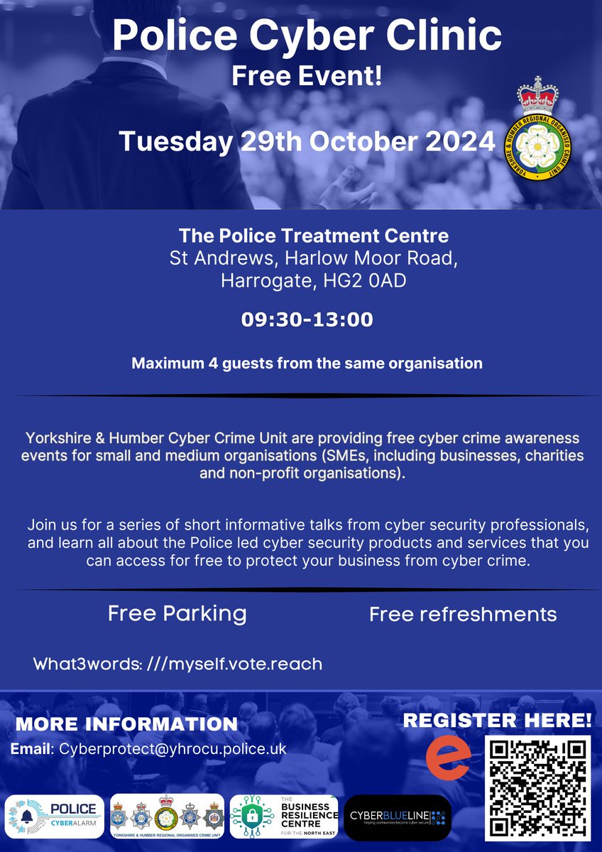 Yorkshire & Humber Regional Cyber Crime Unit (@yh_cyberprotect) on Twitter photo 📢Register now for our FREE Police Cyber Clinic 💻🩺 in Harrogate on the 29th October. Last few places remaining, book your tickets here🎟️ - eventbrite.co.uk/e/police-cyber……… #Cyberprotect #Harrogate #CyberSecurityAwareness #Yorkshire
<a href="/NEBRCentre/">North East Business Resilience Centre</a>
<a href="/PolCyberAlarm/">Police Cyber Alarm</a>
<a href="/YHROCU/">Yorkshire & Humber Regional Organised Crime Unit</a>
<a href="/NYorksPolice/">North Yorkshire Police</a> 📢Register now for our FREE Police Cyber Clinic 💻🩺 in Harrogate on the 29th October. Last few places remaining, book your tickets here🎟️ - eventbrite.co.uk/e/police-cyber……… #Cyberprotect #Harrogate #CyberSecurityAwareness #Yorkshire
<a href="/NEBRCentre/">North East Business Resilience Centre</a>
<a href="/PolCyberAlarm/">Police Cyber Alarm</a>
<a href="/YHROCU/">Yorkshire & Humber Regional Organised Crime Unit</a>
<a href="/NYorksPolice/">North Yorkshire Police</a>