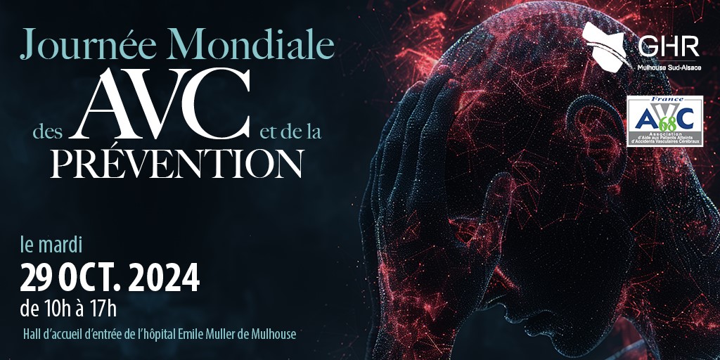 A l'occasion de la Journée Mondiale de lutte contre les AVC, toute l’équipe de bénévoles de l’association France AVC 68 se mobilise
📅 mardi 29/10 de 10h à 17h
👉 Echanges avec les bénévoles 
👉 Pour les patients, aidants et professionnels
📍 Hall de l'hôpital E.Muller, Mulhouse