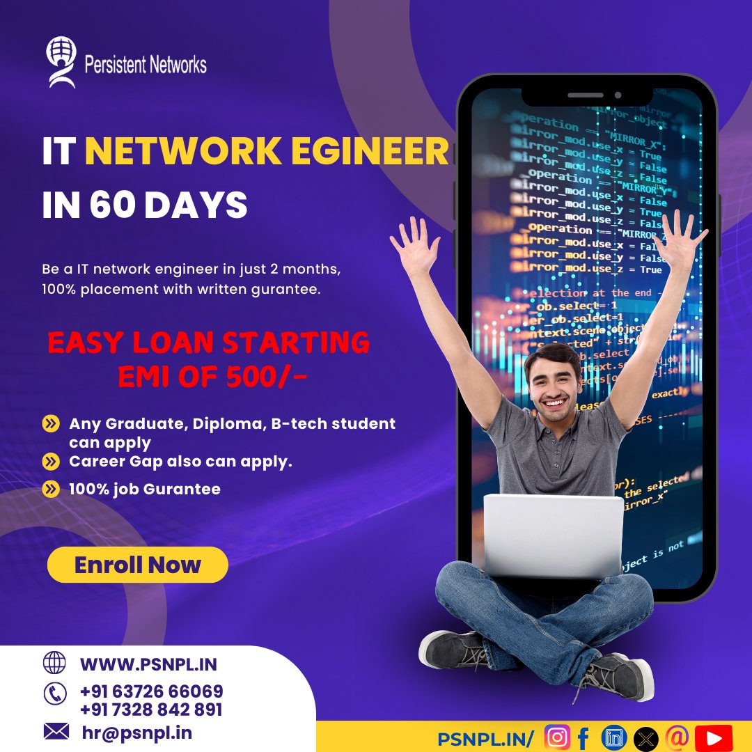 PERSISTENTNETW1's tweet image. 🎓 Enroll in Our IT Networking Course 🚀
Master in-demand networking skills with 100% job placement!
EMI starts from just ₹500 – Learn now, pay later!
Secure your future in IT today! 💼🔑
#ITNetworking #NetworkingCourse #CareerGrowth #JobPlacement #JoinNow
