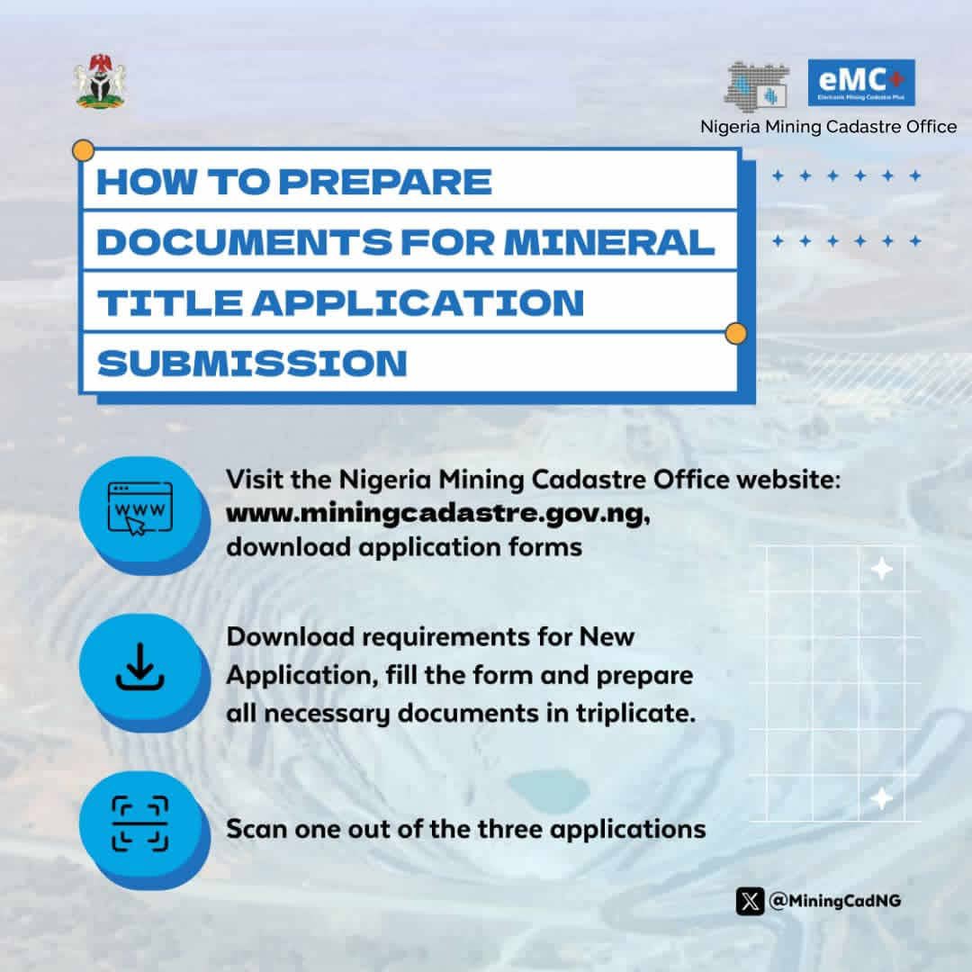 As we open up the sector for more investment, here’s a quick guide to get you started at the Mining Cadastre Office:

Get your documents in order and be part of Nigeria's booming mining sector! 🌍💼

#MiningCadNG