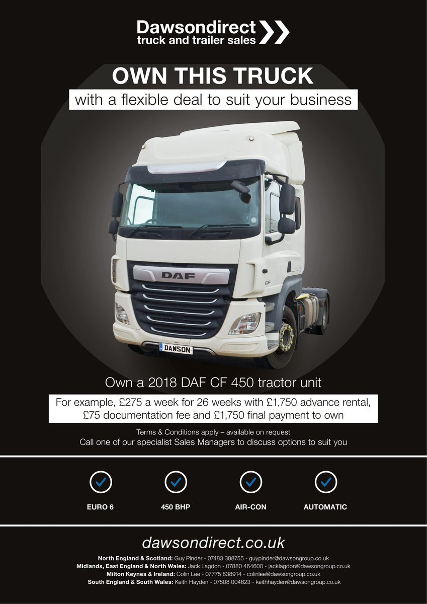 Dawsondirect's tweet photo. Our latest great deal. Own a 4x2 DAF CF 450 tractor unit with a flexible deal to suit your business https://t.co/KI5Rh54m7U Call our specialist Sales team on 0800 023 4554 to discuss a #SmarterAssetStrategy for your business #trucks #commercialvehicles #fleetmanagement https://t.co/55dHE2hBUi