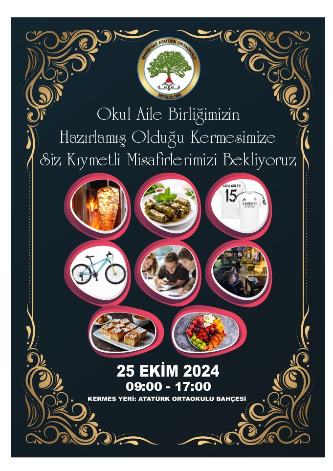 Atatürk Ortaokulu Okul Aile Birliğinin düzenlemiş olduğu kermese tüm dostlarımızı bekliyoruz.