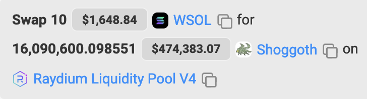OmniTri_OC's tweet photo. 𝗪𝗵𝗼 𝗽𝗲𝗿𝗳𝗼𝗿𝗺𝗲𝗱 𝘁𝗵𝗲 𝗺𝗼𝘀𝘁 𝗼𝗻 #Shoggoth ?
(@Shoggoth_SOL )

One wallet stands out from the rest by selling nothing :

He managed to swap 10 $SOL for 
16 090 600 $Shoggoth
($774 600 ATH / $474 383 ATM)

let's have a look 👇 https://t.co/T900kHJChM