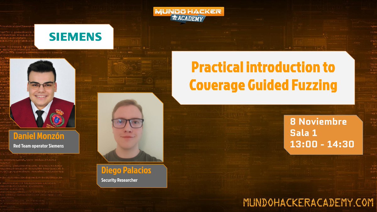 GlobbSecurity's tweet photo. 🔍 Fuzzing en #MundoHackerAcademy2024 🔐

🗓️ 13:00 - 14:30 | Con Diego Palacios y Daniel Monzón
Aprende los fundamentos de fuzzing con ejercicios prácticos. 

8 de noviembre (WiZink Center, Madrid)

🎟️ Últimas entradas 👉 https://t.co/ReehbKfyS7

#TechNews https://t.co/0NKPpJHMcF