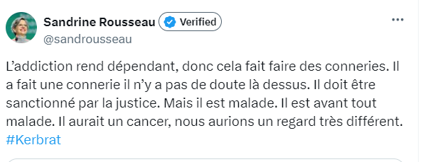 Pour défendre #Kerbrat, côté NFP / LFI / EELV c'est à qui sortira l'argument le plus hors-sol. Comparer addiction et cancer, il n'y avait que Sandrine Rousseau pour le tenter...