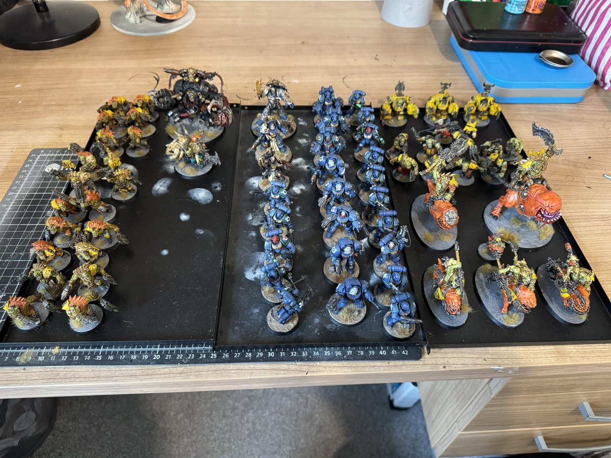 1,000pts of orks and 1,000pts of Ultramarines ready for a trip to Nottingham.