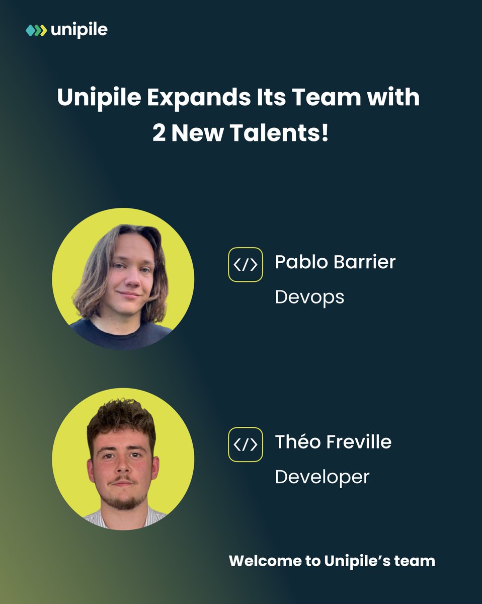 UnipileAPI's tweet image. 🚀 Exciting news! @UnipileAPI expands its team with 2 new talents! Pablo joins as a #DevOps Engineer and Théo as a #Developer. 
Together, they'll help us reach new heights. 
Welcome aboard! 🌟