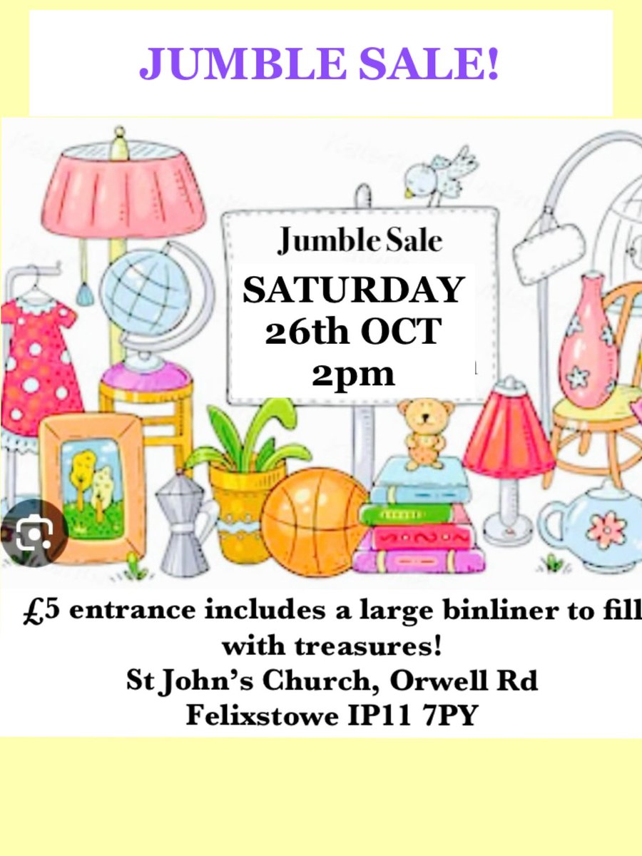 She Sells Seashells Felixstowe (@seashellsfelix) on Twitter photo Jumble Sale at St John’s Church Felixstowe this Saturday… please share.
Proceeds towards church funds to help us keep serving our community 💖
#jumblesale #Felixstowe <a href="/VisitFelixstowe/">Visit Felixstowe</a> <a href="/Visit_Suffolk/">Visit Suffolk</a> <a href="/FreshGoldRadio/">Fresh Gold Radio</a> <a href="/FelixstoweNub/">Felixstowe Nub News</a> <a href="/felixstoweradio/">Felixstowe Radio</a> Jumble Sale at St John’s Church Felixstowe this Saturday… please share.
Proceeds towards church funds to help us keep serving our community 💖
#jumblesale #Felixstowe <a href="/VisitFelixstowe/">Visit Felixstowe</a> <a href="/Visit_Suffolk/">Visit Suffolk</a> <a href="/FreshGoldRadio/">Fresh Gold Radio</a> <a href="/FelixstoweNub/">Felixstowe Nub News</a> <a href="/felixstoweradio/">Felixstowe Radio</a>