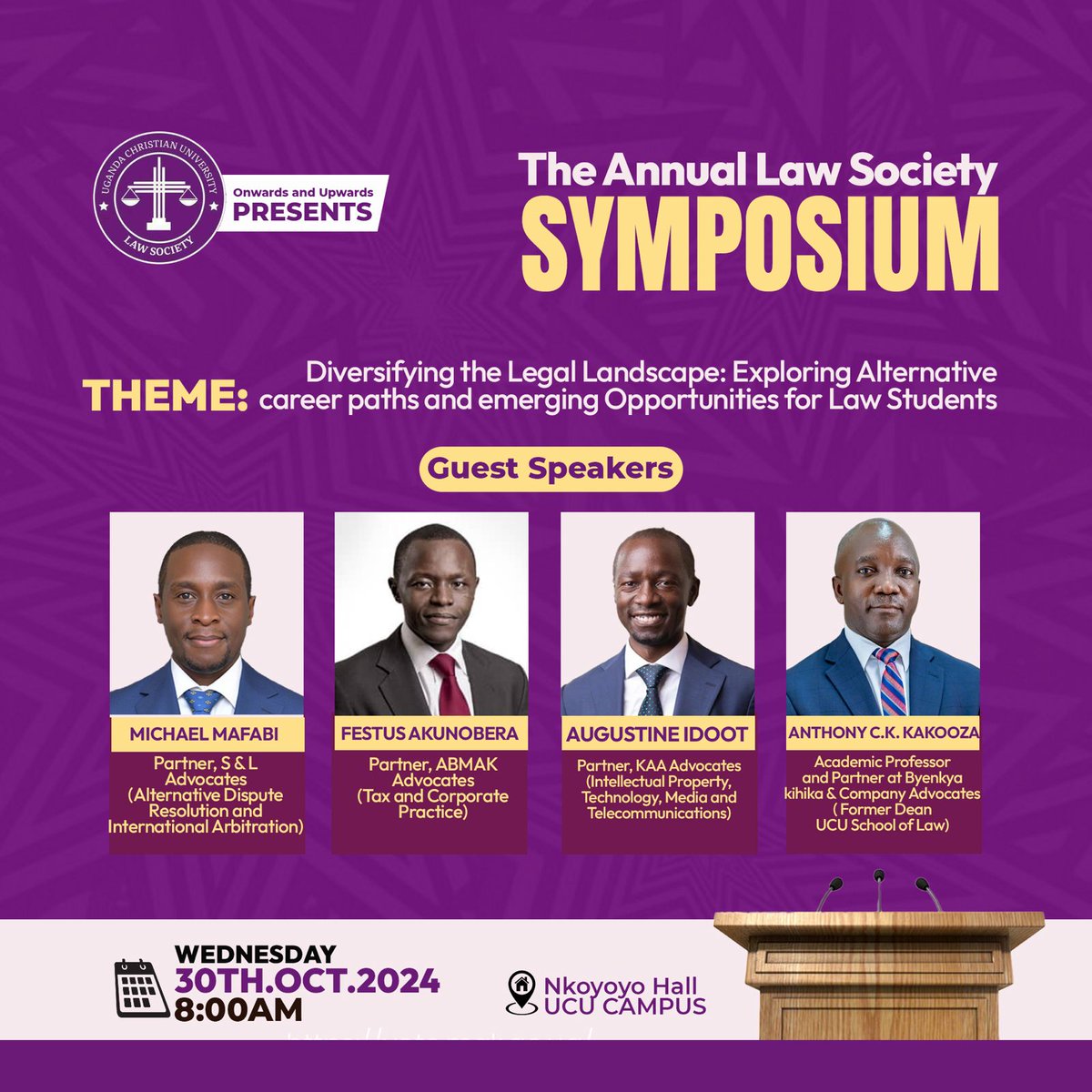 *THE ANNUAL LAW SYMPOSIUM IS BACK!* ⚖️
The UCU Law Society would like to inform all law students and other intending attendees that the *2024 Annual Law Symposium* is slated for *Wednesday 30th October.* The event will start at *8:00AM and end at 2:00PM.