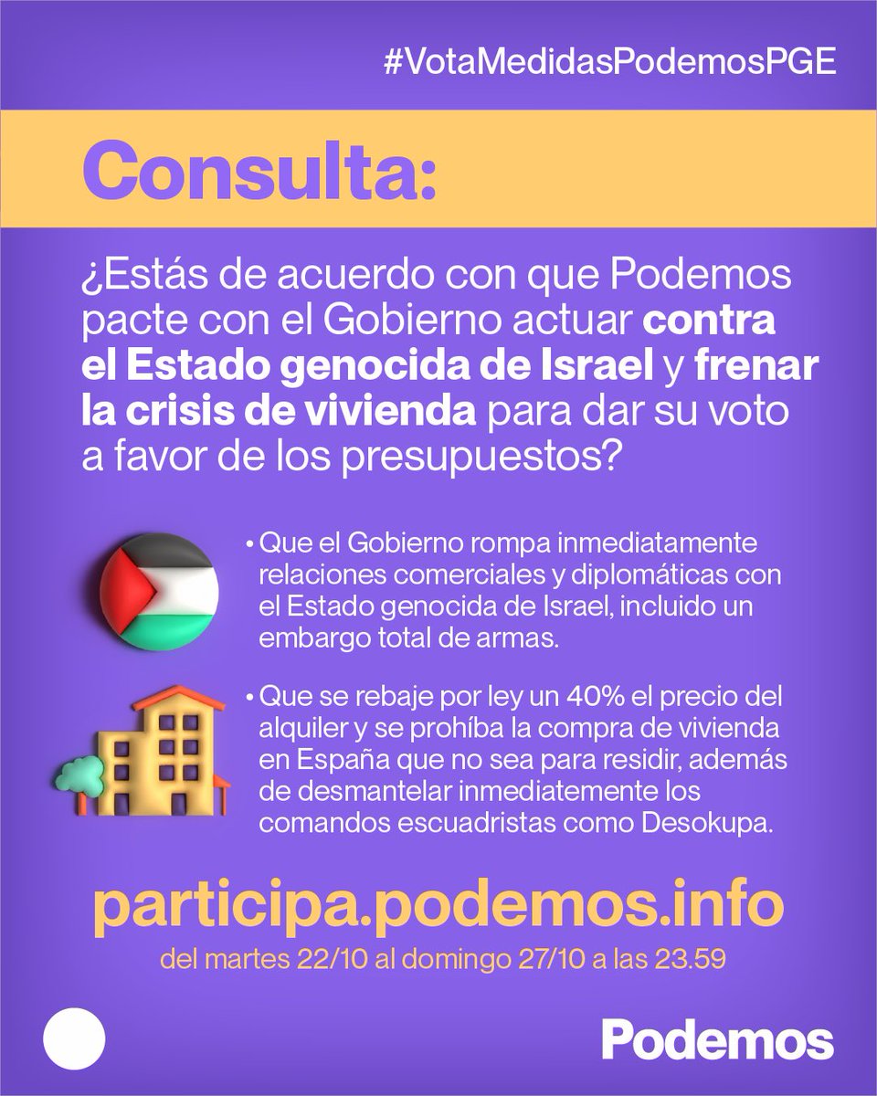 IreneMontero's tweet photo. Bajar los alquileres por ley, practicar un embargo total de armas y romper relaciones con los genocidas es lo mínimo que se le puede exigir a este Gobierno.

Entra en https://t.co/tEyd48STKv y vota. Los votos de Podemos sirven para garantizar que se hace lo que hay que hacer https://t.co/UBpfhPrUEH