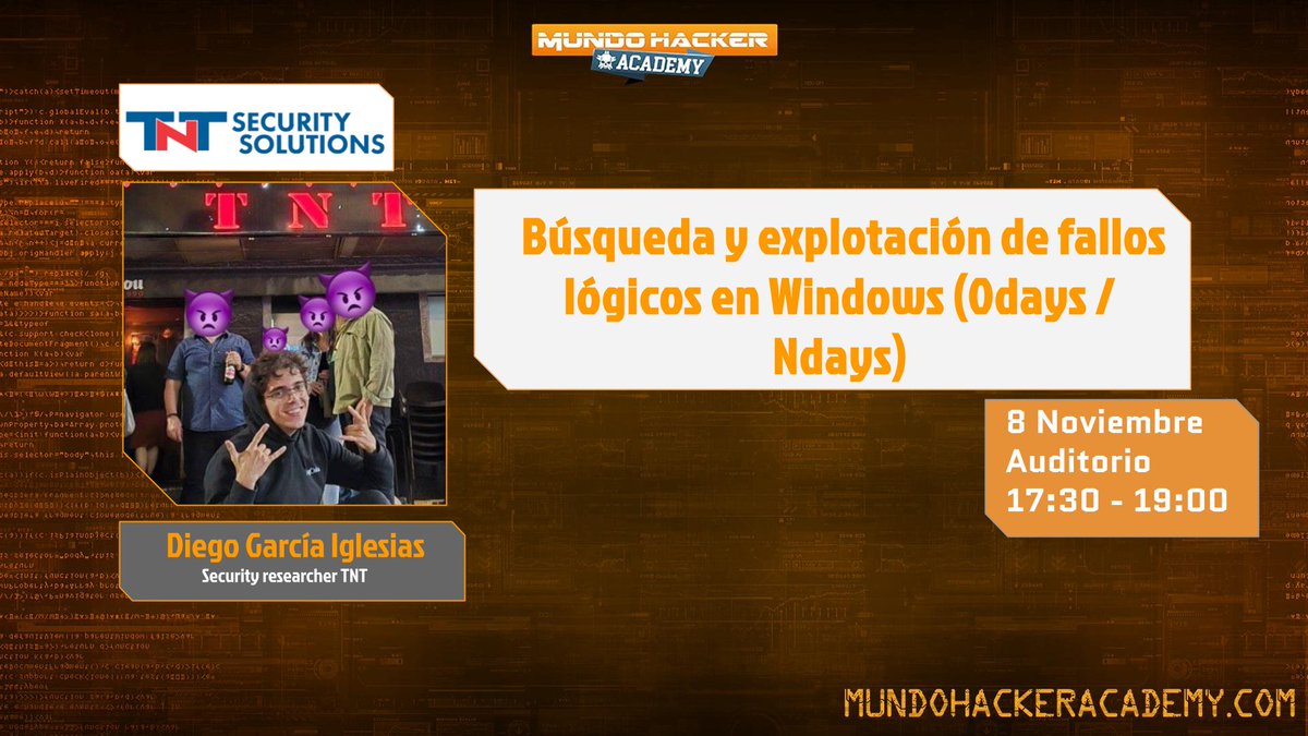 GlobbSecurity's tweet photo. 🔍 0days en Windows en #MundoHackerAcademy2024 🔐

🗓️ 17:30 - 19:00 | Con Diego García Iglesias
Todo sobre la búsqueda de 0days en Windows. ¡Un taller clave!

🎟️ Últimas entradas 👉 https://t.co/ReehbKg6HF

#0days #TechNews https://t.co/VskbgLJfX0