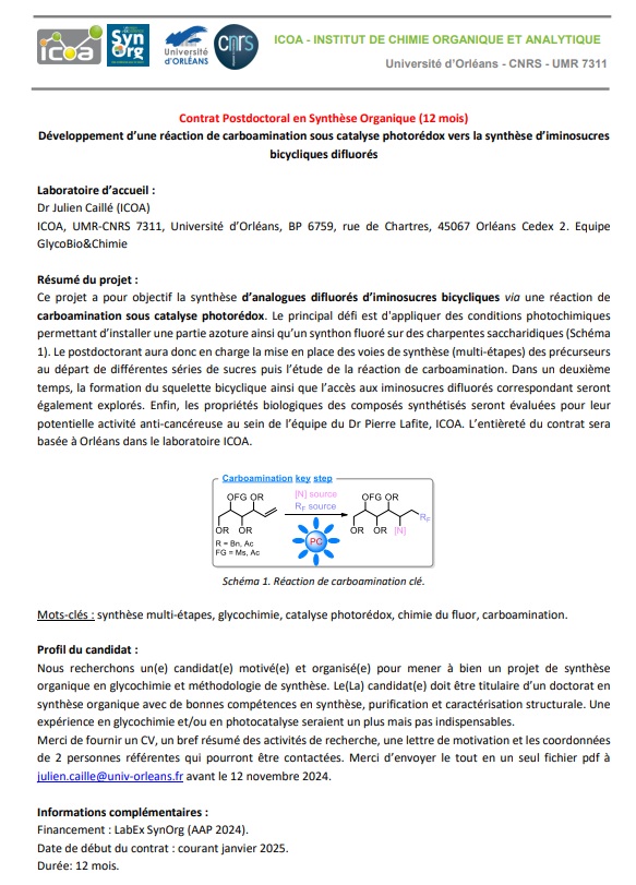 SchulerMarie1's tweet image. A 12 months postdoctoral position is available in our team #glycochemistry @ICOA_UMR7311 @Univ_Orleans @Labex_SynOrg