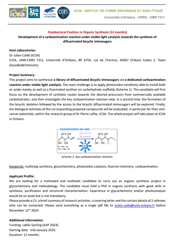 SchulerMarie1's tweet image. A 12 months postdoctoral position is available in our team #glycochemistry @ICOA_UMR7311 @Univ_Orleans @Labex_SynOrg