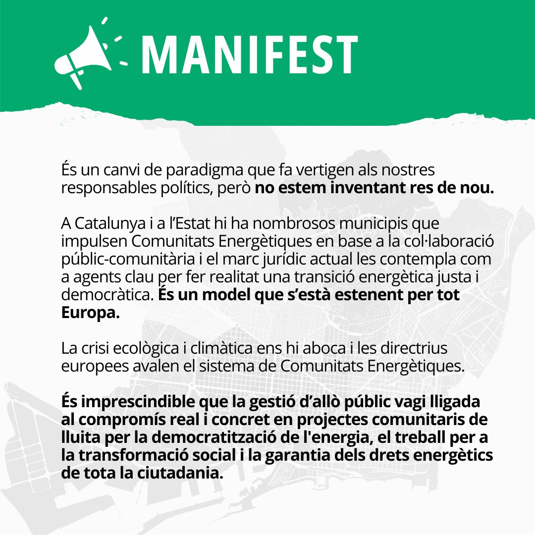 🟢💡Les  #ComunitatsEnergètiques de Barcelona i diferents entitats socials  reclamem a l’Ajuntament mesures per complir l’Acord Climàtic de la  Ciutat aprovat el setembre de 2023.

Per una #energiacomunitària i l'enfortiment de la #xarxaCE

📲 favb.cat/comunicat/comu…