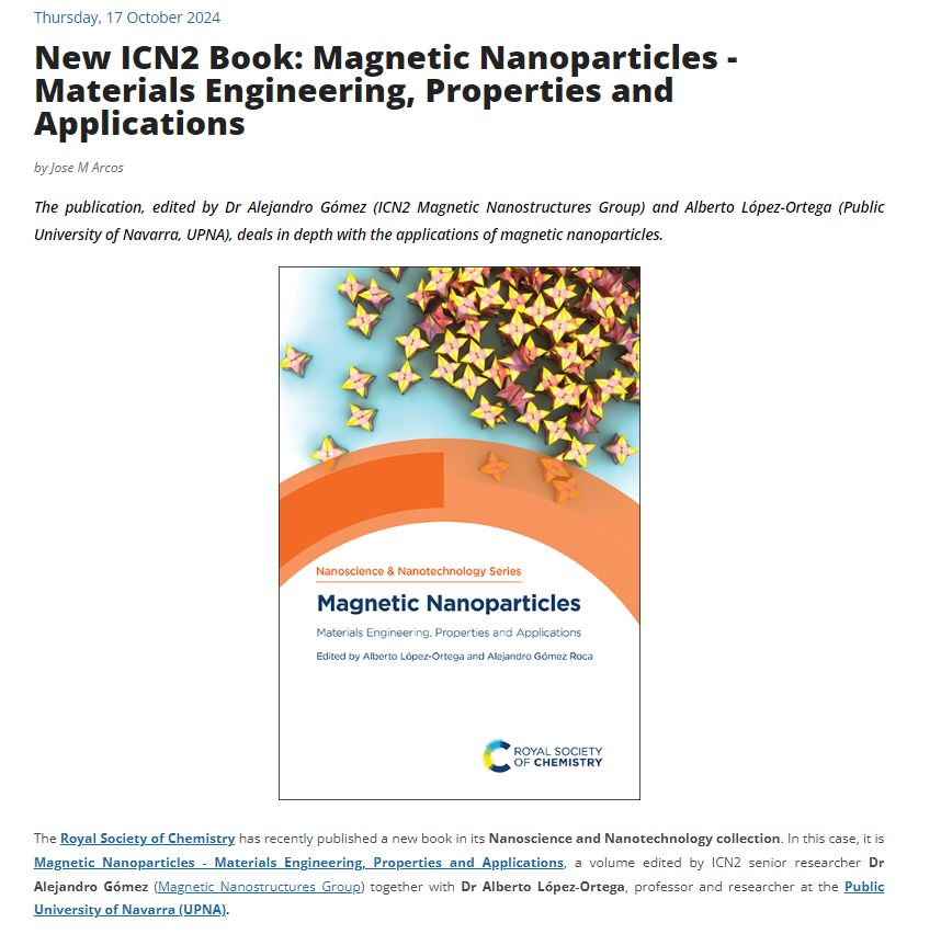Very happy to read the news regarding our latest book. We have an awesome Marketing, Communication and Fundraising Department at <a href="/icn2nano/">Catalan Institute of Nanoscience & Nanotechnology</a> . 
icn2.cat/en/news/5334-m…
They also helped me a lot with the advertisement, photos and diffusion of <a href="/magmeet24/">Magmeeting2024</a>