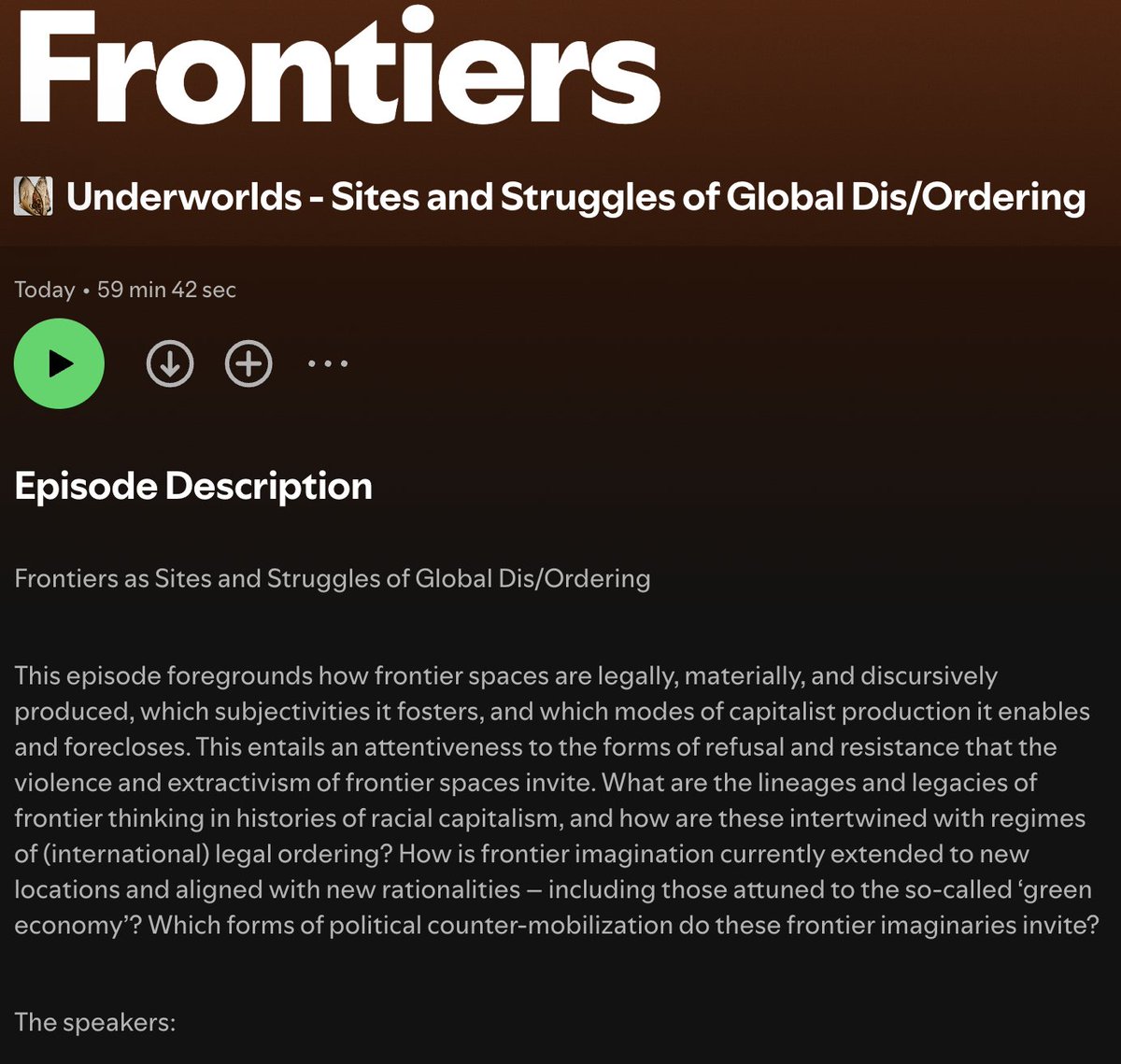 New #Underworlds episode now out🎙️

*Frontiers* as Sites &amp; Struggles of Global Dis/Ordering

w <a href="/CSchwobelPatel/">Christine Schwobel-Patel</a> (<a href="/Warwick_Law/">Warwick Law School</a>) &amp; Cait Storr (<a href="/MelbLawSchool/">Melbourne Law School</a>) on how frontiers of extractivism extend to new locations following the pulse of the ‘green economy’

open.spotify.com/episode/2DScMr…