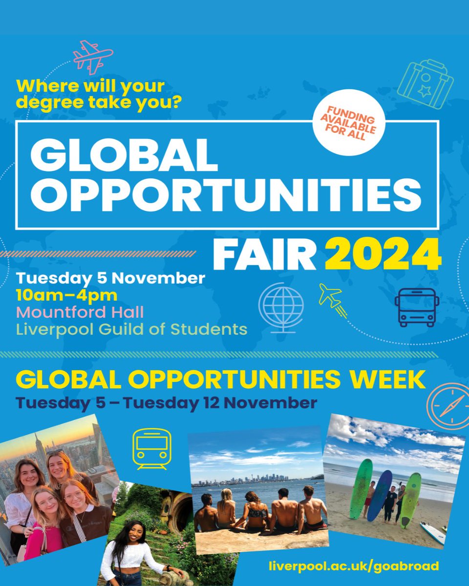 ⭐ GLOBAL OPPORTUNITIES WEEK ⭐️

📅 Tues 5 - Tues 12 Nov
🎉 Full week of sessions &amp; workshop
🌍 Global Opportunities Fair - Tues 7 Nov

Discover amazing new cultures and make lifelong friends from across the globe!

For the full schedule: liverpool.ac.uk/global-opportu…