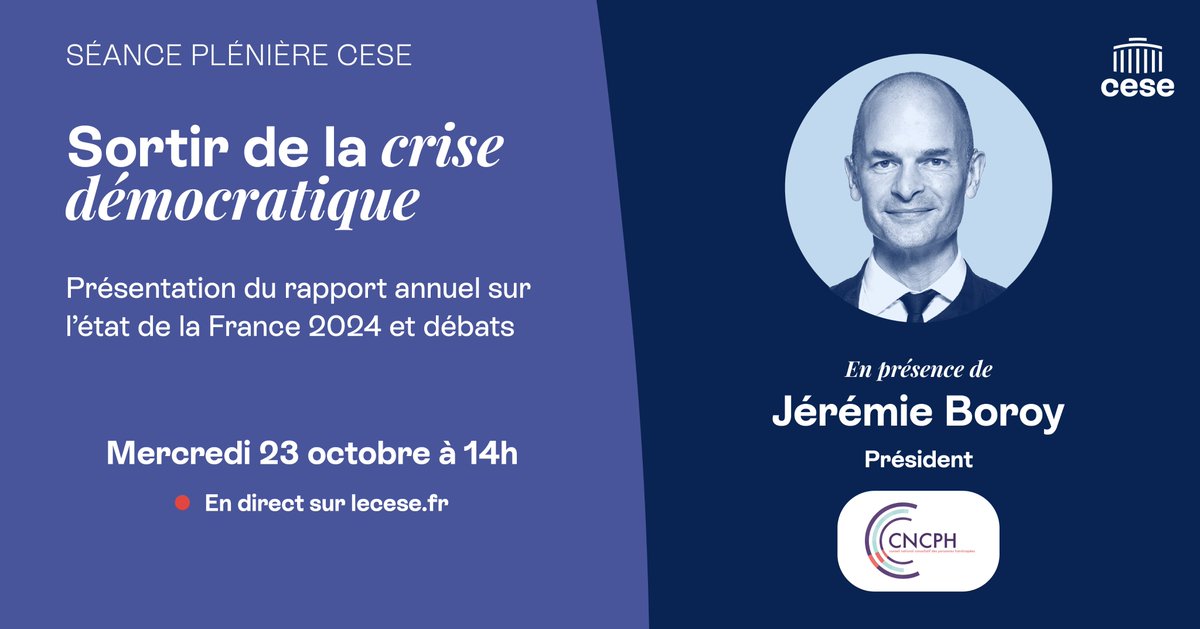 🔔 Séance plénière | Sortir de la crise démocratique

<a href="/JBoroy/">Jérémie Boroy</a>, Président du <a href="/CNCPH_fr/">CNCPH</a> , sera présent au CESE avec les principaux leaders syndicaux, patronaux et associatifs pour débattre autour de la question du lien entre les inégalités et la crise démocratique ⤵️