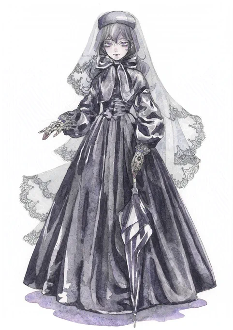 美しい黒、ゴシック、ヴェールヴィクトリア時代の喪服のドレス 