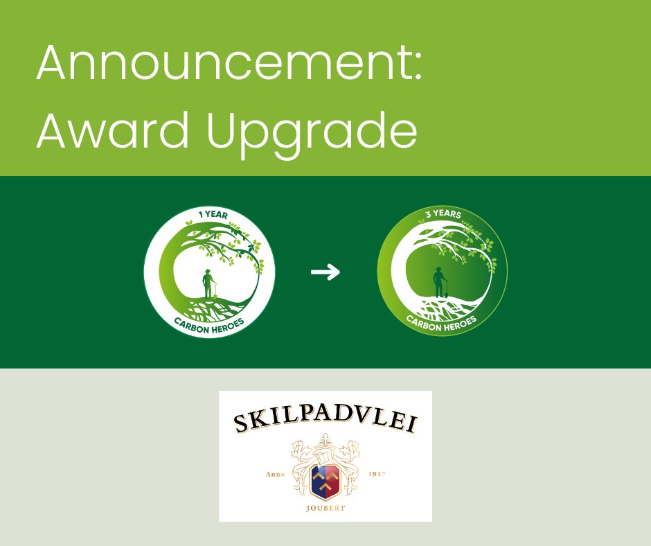 We are thrilled to announce that Skilpadvlei Wine Farm has been upgraded from a 1 Year to a 3 year Carbon Hero award! A huge congratulations are in order!

To find out more visit carbonheroes.co.za.

#Sustainability #ConfrontingClimateChange #ClimateChange #ClimateActionNow