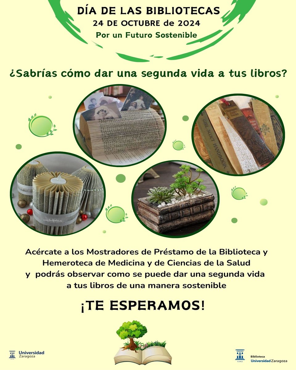 📢📢El 24/10 es el Día de las Bibliotecas. El lema de  este año, "Por un futuro sostenible", resaltando su papel en la consecución de los ODS.
La Biblioteca Biomédica os propone para celebrarlo ¿Sabrías dar una nueva vida a tus libros?🧐
Os animamos a conocer esta actividad👏👏
