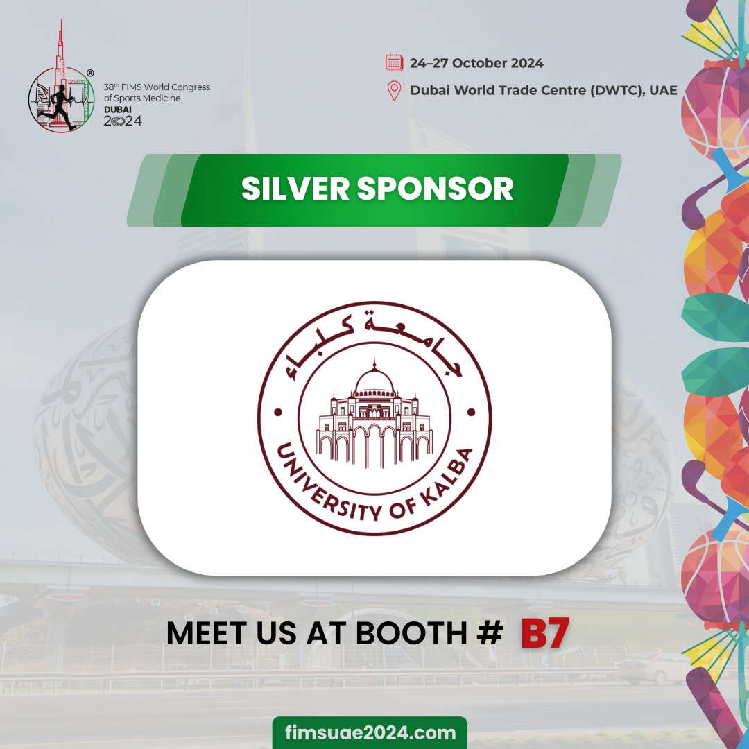 Excited to welcome the University of Kalba as a Silver Sponsor of the FIMS World Congress of Sports Medicine!  Visit Booth # B7 to explore their innovative programs in sports medicine. 

Last day to register: fimsuae2024.com/registration/

#FIMSDubai #SportsMedicine #DubaiEvents #DWTC