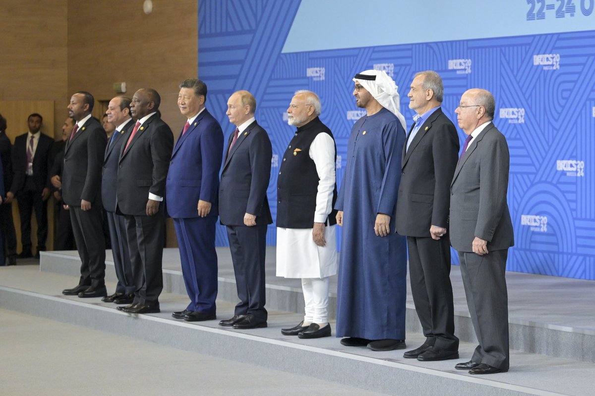 MohamedBinZayed's tweet photo. I was pleased to participate in the BRICS Summit today in Kazan, Russia. The UAE supports multilateral cooperation that fosters peace and development while strengthening collective action to address global challenges. Through its membership in BRICS, the UAE works resolutely with member states to achieve a more stable and prosperous future for all.