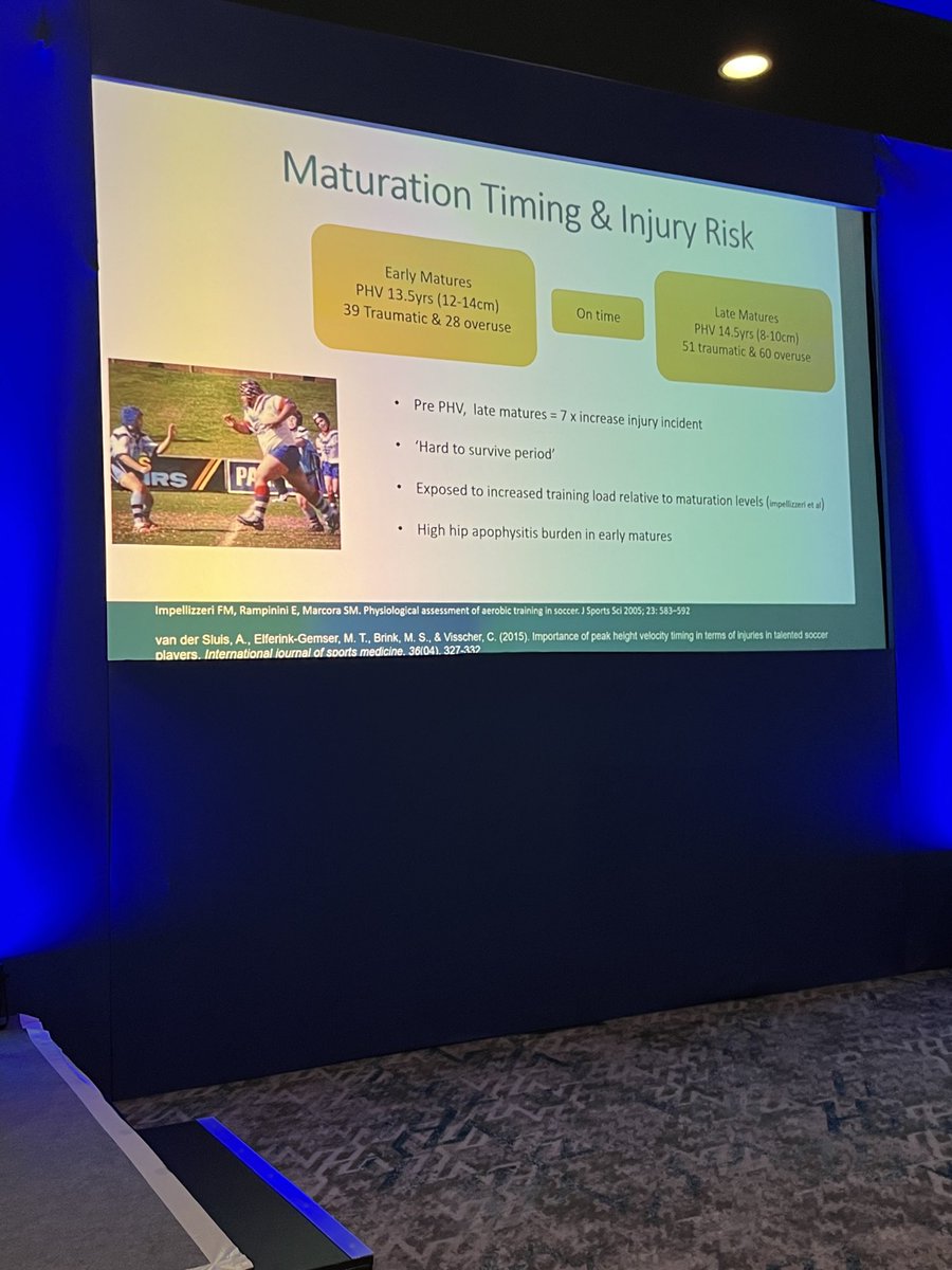 angiejphysio's tweet photo. Kids of the same age are not the same in terms of maturation. @newton_liam sharing great insights @PowerUpToPlay in to injury risk at different phases of PHV and the heighten risk of injury in early specialisation athletes #PU2P https://t.co/BrJfNqfahp