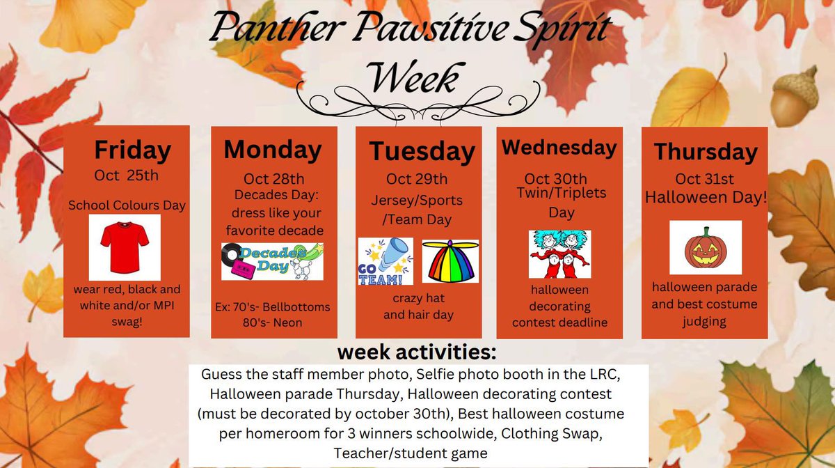 Panther Paw Spirit Week is here! 🎃 Guess the staff member photo, Selfie booth in LRC, Halloween Parade Thursday! 🧙‍♂️ Decorate by Oct 30 for the contest. 👻 Best costume per homeroom (3 schoolwide winners)! Plus: Clothing Swap &amp; Teacher/Student Game!  @JHPorterNL