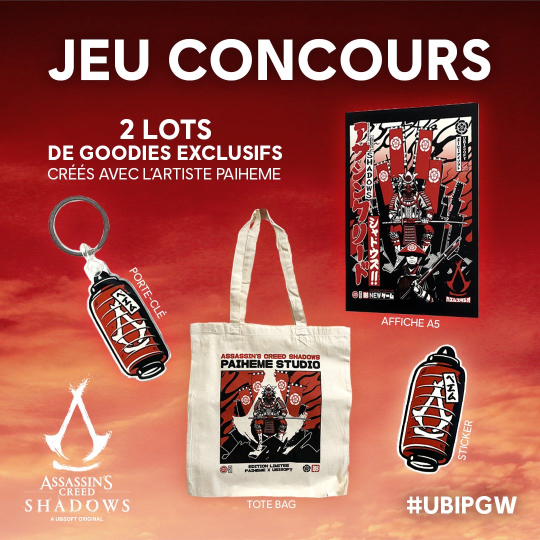 🎁 JEU CONCOURS #UBIPGW 🏯

Vous ne pouvez pas venir à la Paris Games Week ? On vous fait gagner 2 lots de goodies de l'escape game Assassin's Creed Shadows by <a href="/paiheme_studio/">Paiheme</a> ❤️🖌️

❤️ Liker
✔️ S'abonner à <a href="/AssassinsFR/">Assassin's Creed FR</a> 
💬 Commenter avec l'émoji 🦅

TAS le 28/10