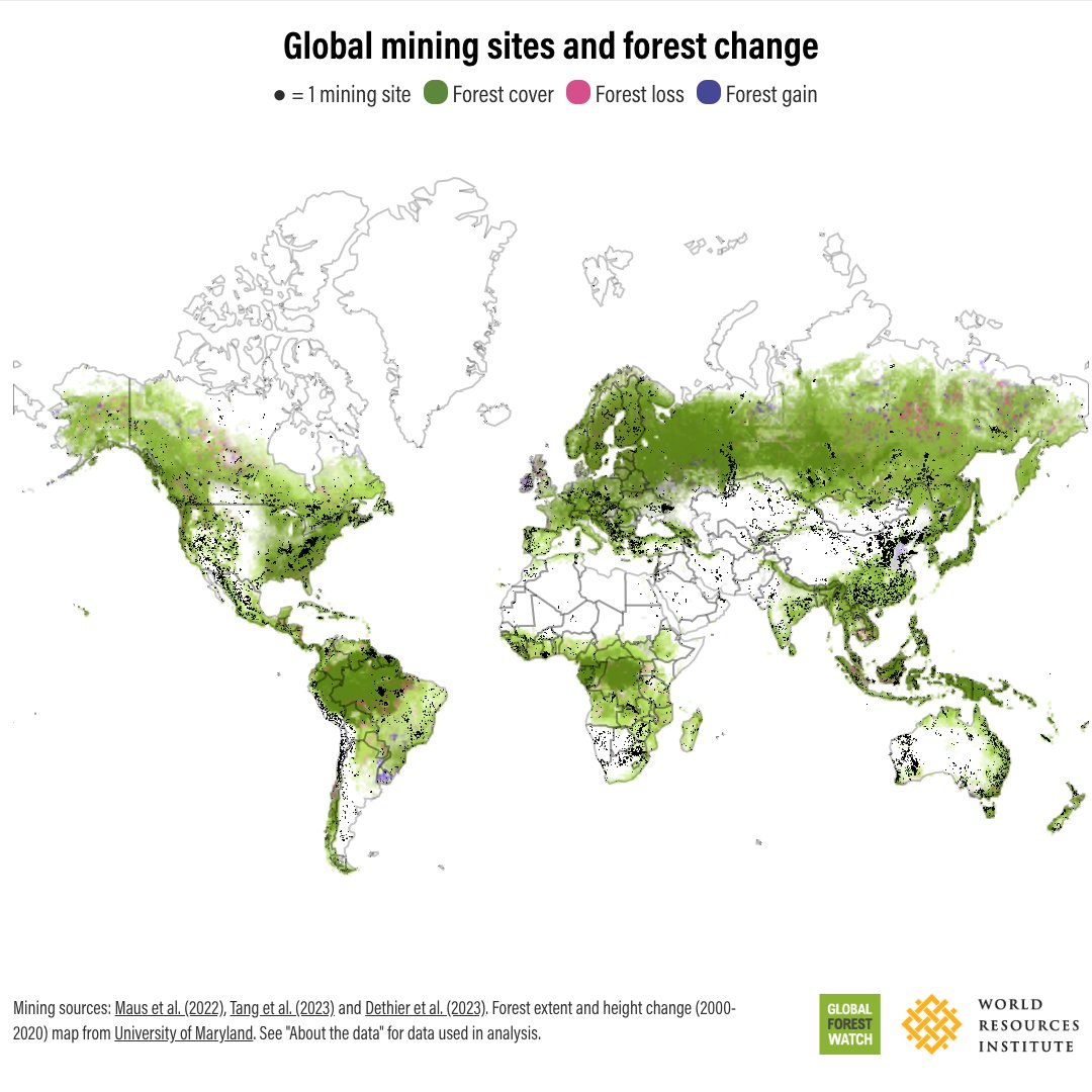 Impacts to forests from mining can be seen around the globe⛏️🌳

From 2001 to 2020, the world lost nearly 1.4 million hectares of trees from mining and related activities, an area of land roughly the size of Montenegro.

<a href="/globalforests/">Global Forest Watch</a> shares the impacts▶️ bit.ly/48fRuoc