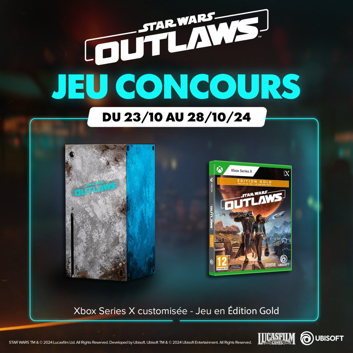 Ubisoft FR 🇫🇷 (@ubisoftfr) on Twitter photo La Paris Games Week est là avec Star Wars Outlaws ! ✨
Tentez de gagner une Xbox Series X customisée avec un jeu en Édition Gold ! 🎮
Pour participer :
❤️🔄 Liker + RT ce post
✅ Suivre <a href="/UbisoftFR/">Ubisoft FR 🇫🇷</a>
TAS le 28/10.
#UbiPGW La Paris Games Week est là avec Star Wars Outlaws ! ✨
Tentez de gagner une Xbox Series X customisée avec un jeu en Édition Gold ! 🎮
Pour participer :
❤️🔄 Liker + RT ce post
✅ Suivre <a href="/UbisoftFR/">Ubisoft FR 🇫🇷</a>
TAS le 28/10.
#UbiPGW