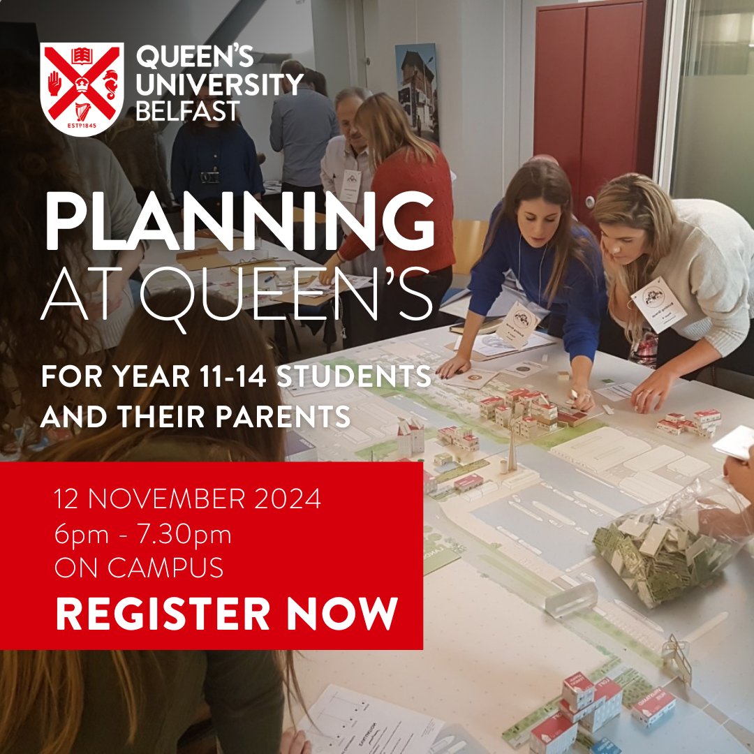 Join our 'Planning at Queen's' event for year 11-14 students and their parents. 

Hear from current students, academic staff and employers about the exciting career paths in planning.

📅 12 November
⏰ 6pm - 7.30pm
🔗 Register qub.ac.uk/campaign/eps/u… to confirm your attendance