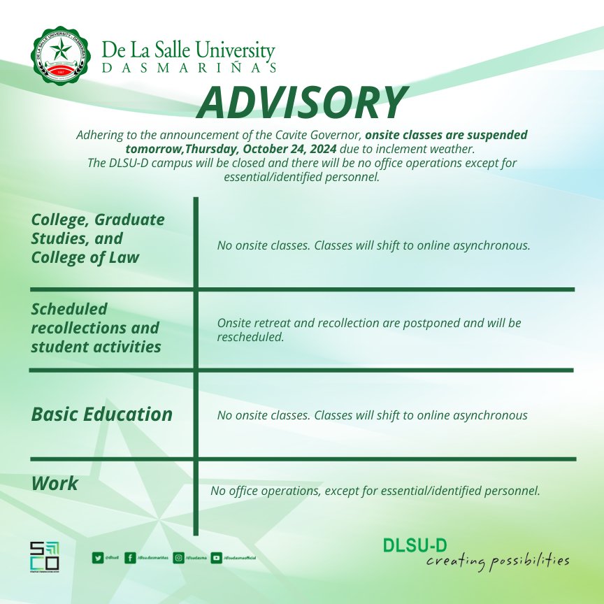 DLSUD's tweet image. #WalangPasok 
Adhering to the announcement of the Cavite Governor, 𝐨𝐧𝐬𝐢𝐭𝐞 𝐜𝐥𝐚𝐬𝐬𝐞𝐬 𝐚𝐫𝐞 𝐬𝐮𝐬𝐩𝐞𝐧𝐝𝐞𝐝 𝐭𝐨𝐦𝐨𝐫𝐫𝐨𝐰 𝐎𝐜𝐭𝐨𝐛𝐞𝐫 𝟐𝟒, 𝟐𝟎𝟐𝟒, due to inclement weather. 

#CreatingPossibilities #dlsud