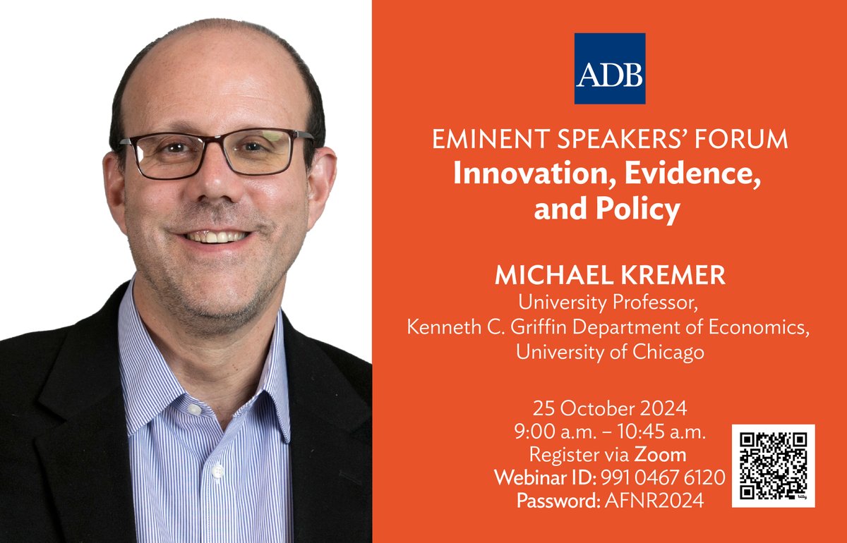 Do you want to learn how to scale up climate adaptation solutions for agriculture, food, and rural development?   

Join us this Friday at 9 am (GMT+8) for a session with Nobel Prize Laureate Michael Kremer: bit.ly/ADB-ESF-2024