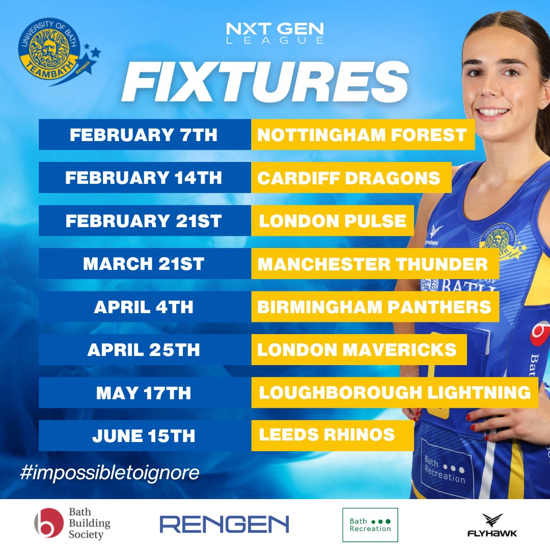 LIVE NETBALL is BACK in the South West! 🏐🔥

Check out the full fixture list  📅 and update your diaries! 💙💛

Tickets will go live soon - sign up to our newsletter for first access: netball.teambath.com/newsletter

#TeamBath #NXTGen #Under23s #SouthWestSport #impossibletoignore