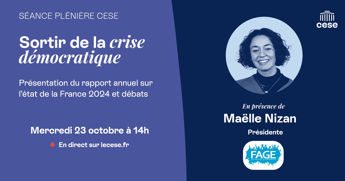 🔔 Séance plénière | Sortir de la crise démocratique

<a href="/Maelle_FAGE/">Maëlle Nizan</a>, Présidente de <a href="/La_FAGE/">FAGE</a> , sera présente au CESE avec les principaux leaders syndicaux, patronaux et associatifs pour débattre autour de la question du lien entre les inégalités et la crise démocratique ⤵️