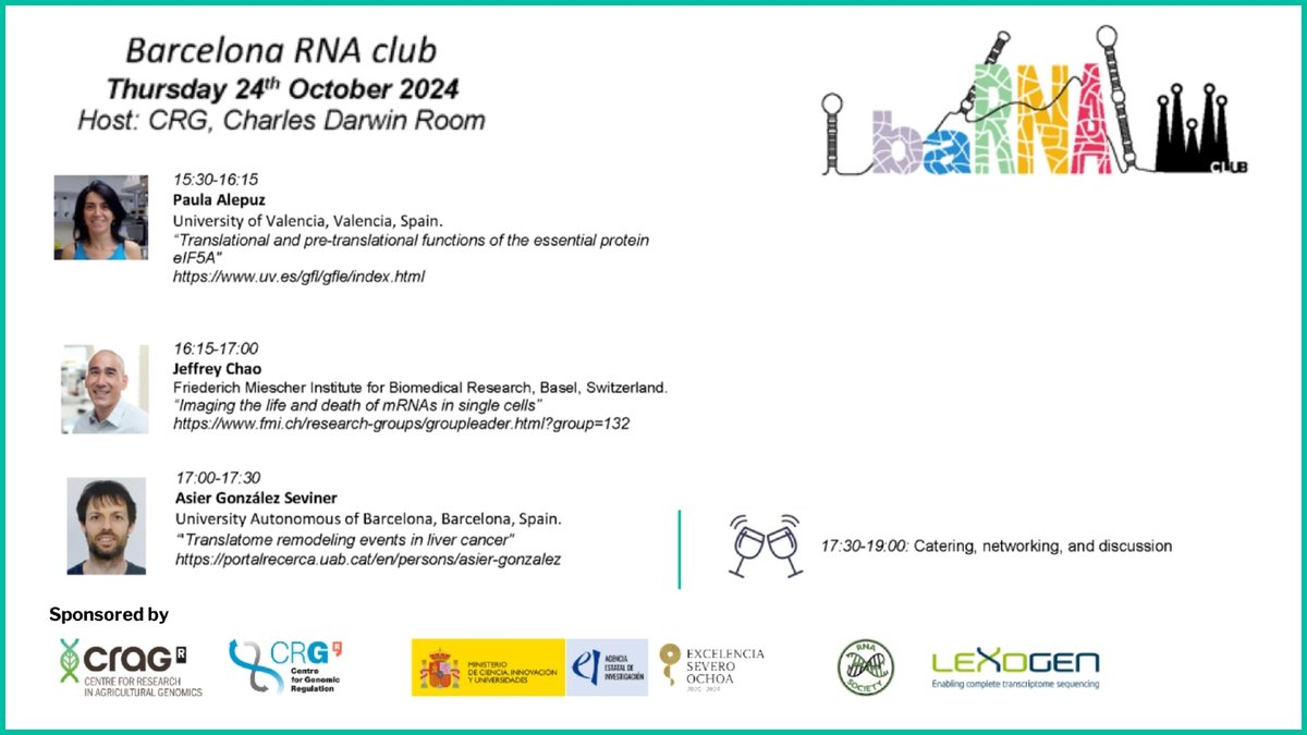 CRAG (@cragenomica) on Twitter photo The #baRNAclub is back! 🧬 
📍 CRAG (Auditorium)
🗓️ Thursday October 24th
✏️ Free registration: barnaclub.cragenomica.es/user/register
Check the full program 👇 The #baRNAclub is back! 🧬 
📍 CRAG (Auditorium)
🗓️ Thursday October 24th
✏️ Free registration: barnaclub.cragenomica.es/user/register
Check the full program 👇