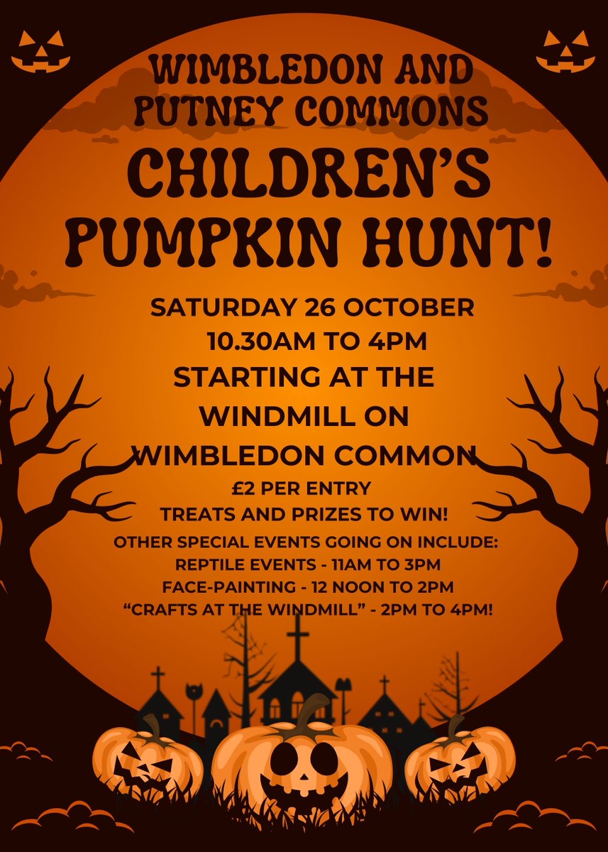 Wimbledon and Putney Commons (@wimputcommons) on Twitter photo Come and join in the Halloween Pumpkin Hunt - Saturday 26 October - starting in the Windmill courtyard! Free parking in the Windmill car park.
Special guests include <a href="/ReptileEvents/">Reptile-Events</a> plus facepainting (12 to 2pm) and Crafts in the Windmill (2-4pm). Come and join in the Halloween Pumpkin Hunt - Saturday 26 October - starting in the Windmill courtyard! Free parking in the Windmill car park.
Special guests include <a href="/ReptileEvents/">Reptile-Events</a> plus facepainting (12 to 2pm) and Crafts in the Windmill (2-4pm).