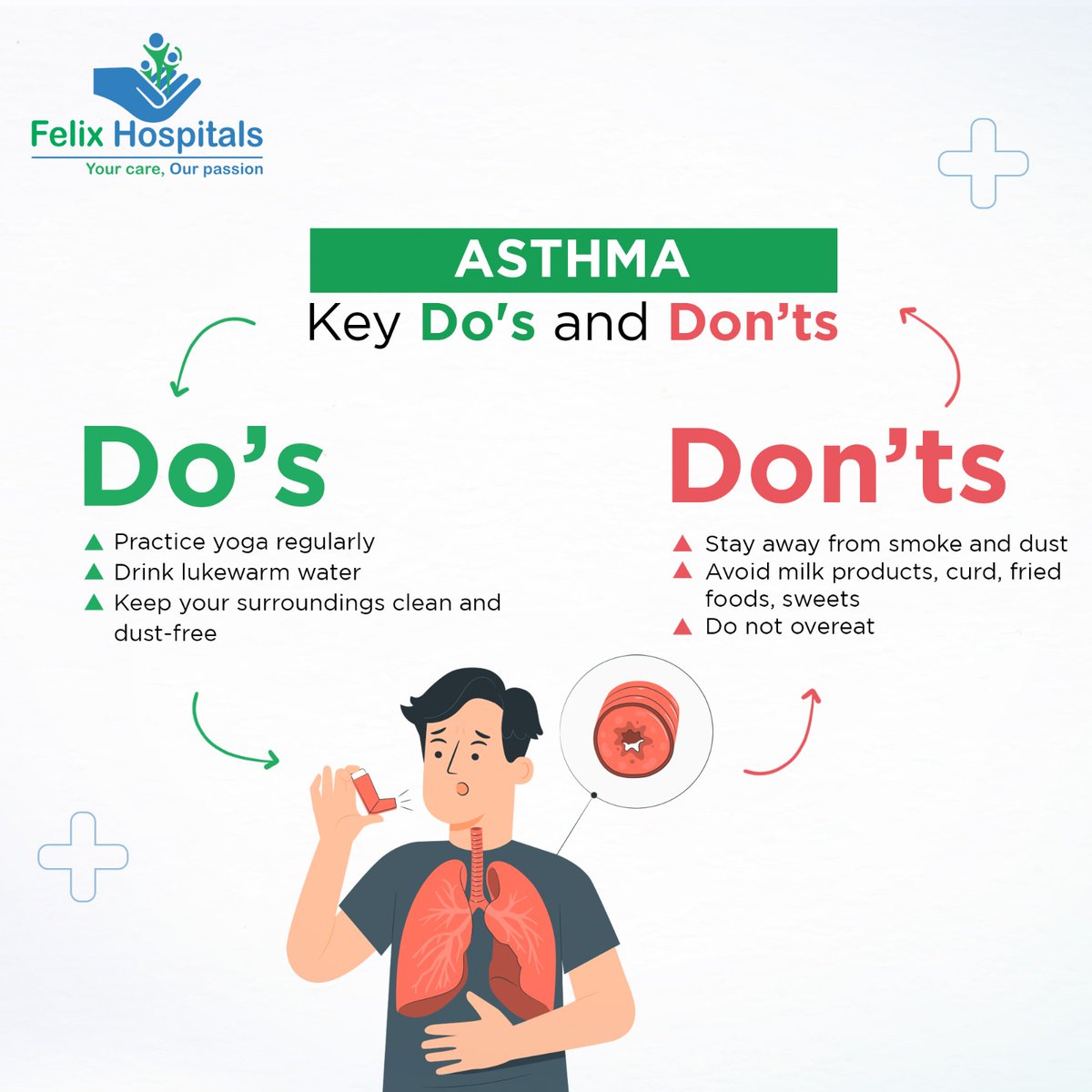 WellnessFelix's tweet image. Asthma cannot be cured, but its symptoms can certainly be managed. Here are some tips to help you better control your asthma.

These do's and don’ts will assist in preventing asthma attacks and effectively managing them when they occur.

#dosanddonts #asthma #YOGA #healthcare
