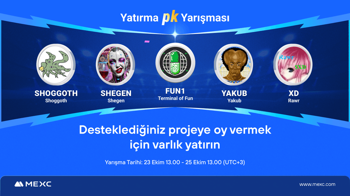 MEXC_Topluluk's tweet photo. 🚀 Yatırma PK Yarışması'nda #MEXC'de Listelenmesini İstediğiniz Projeye Varlık Yatırarak Oy Verin! 

👉 #SHOGGOTH 🔥 $SHEGEN 🔥 #FUN1 🔥 $YAKUB 🔥 $XD 🔥 

📌 Ayrıntılar: https://t.co/bWbp7DwqUF

#MEXCTürkçe #MXToken #MX #BTC https://t.co/CJENRDQSBr