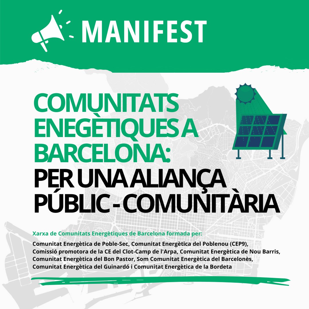 FAVBcn's tweet photo. 🟢💡Les #ComunitatsEnergètiques de Barcelona i diferents entitats socials reclamem a l’Ajuntament mesures per complir l’Acord Climàtic de la Ciutat aprovat el setembre de 2023. 

Per una #energiacomunitària i l'enfortiment de la #xarxaCE 

📲Comparteix:  https://t.co/OubozZ6hUl https://t.co/1sf8CUtMLo