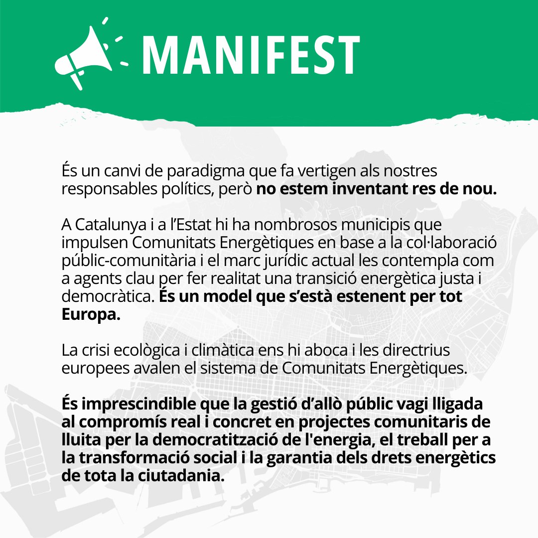 🟢💡Les #ComunitatsEnergètiques de Barcelona i diferents entitats socials reclamem a l’Ajuntament mesures per complir l’Acord Climàtic de la Ciutat aprovat el setembre de 2023. 

Per una #energiacomunitària i l'enfortiment de la #xarxaCE 

📲Comparteix:  favb.cat/comunicat/comu…