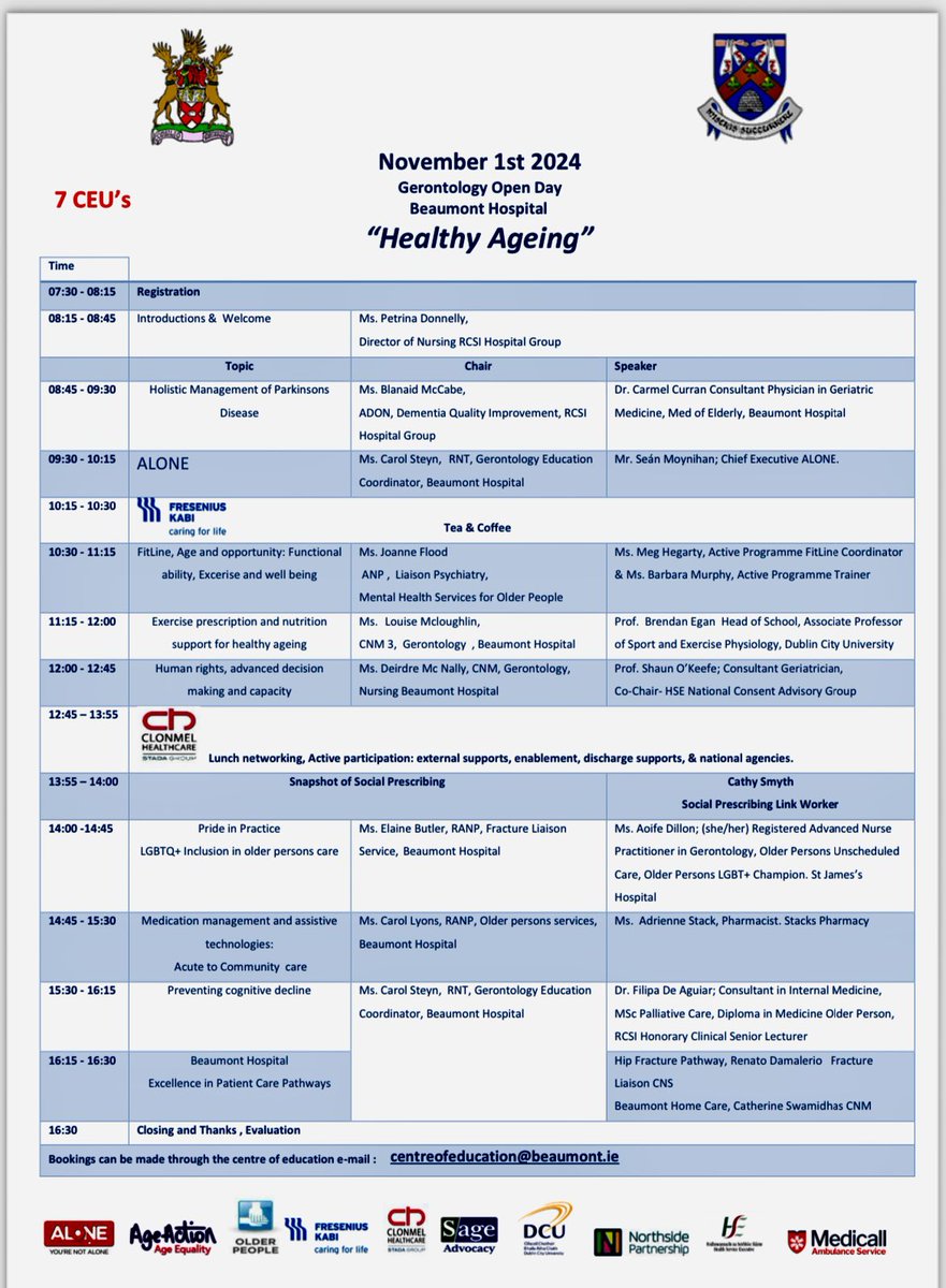 carol steyn (@steyn_carol) on Twitter photo Limited availability
Gerontology Open Day
November 1st
All staff grades welcome
Book at: centreofeducation@beaumont.ie Limited availability
Gerontology Open Day
November 1st
All staff grades welcome
Book at: centreofeducation@beaumont.ie