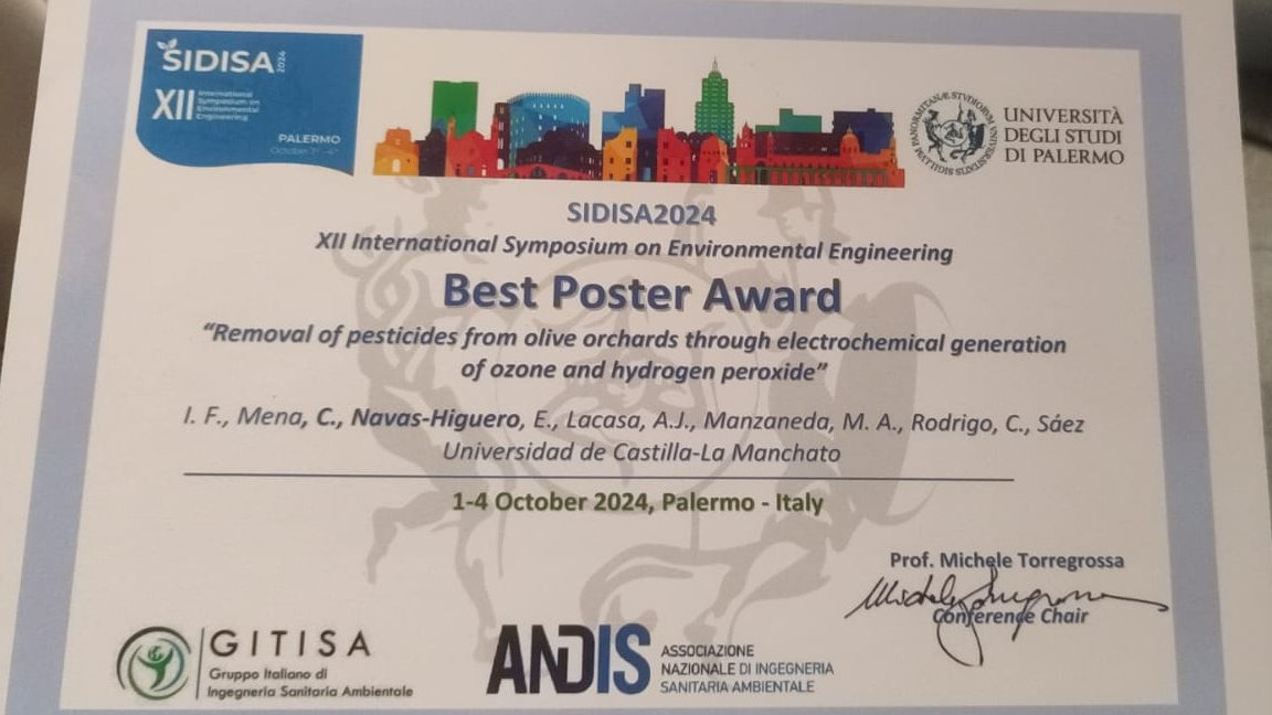 Congratulations to our colleague <a href="/Cris23NH/">Cris ❤️</a> who won the best poster award at #SIDISA2024 with her work ‘Removal of pesticides from olive orchards thorugh electrochemical generation of ozone and hydrogen peroxide’ of the 🍃 Soil-Olive 🍃 project. 

#SoilOlive #UJA #ProyectoEuropeo