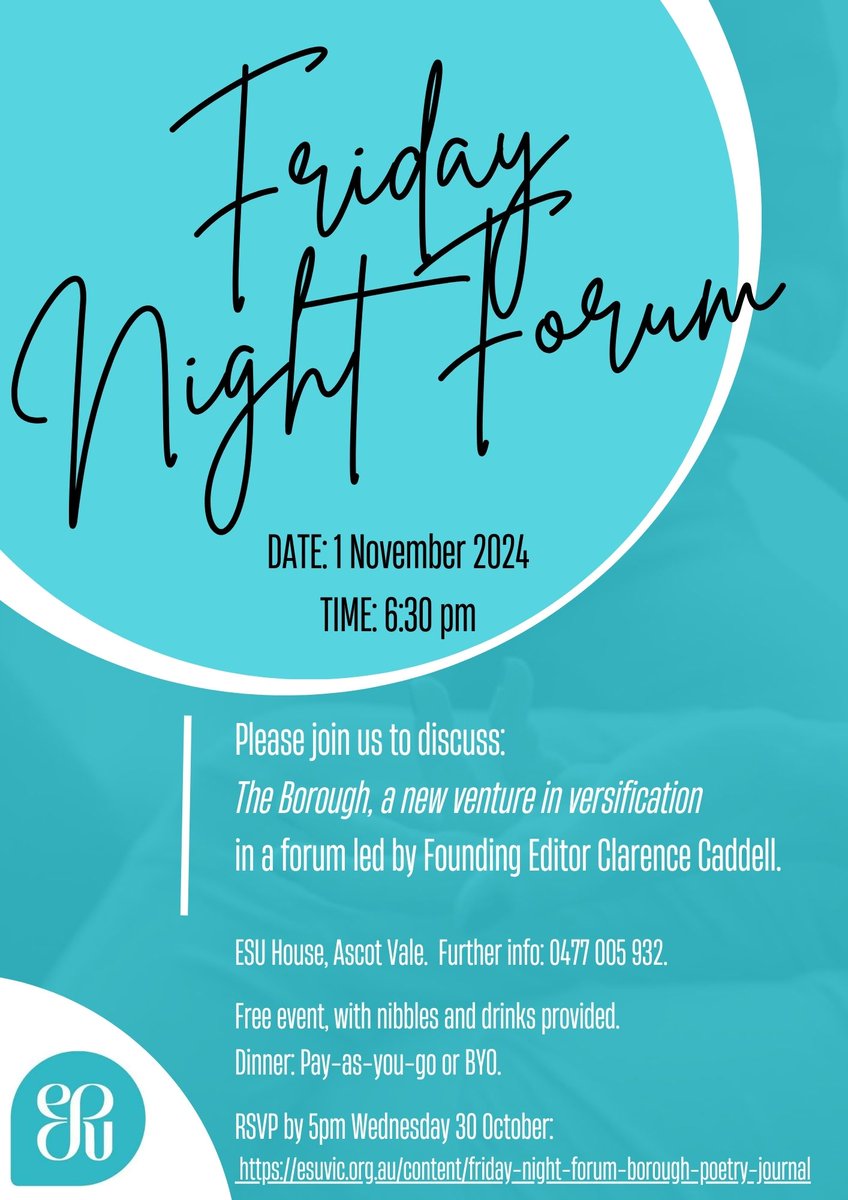 If you're in Melbourne, do come to The Borough's launch at <a href="/ESUVicBranch/">ESUVicBranch</a>'s place in Ascot Vale next week!